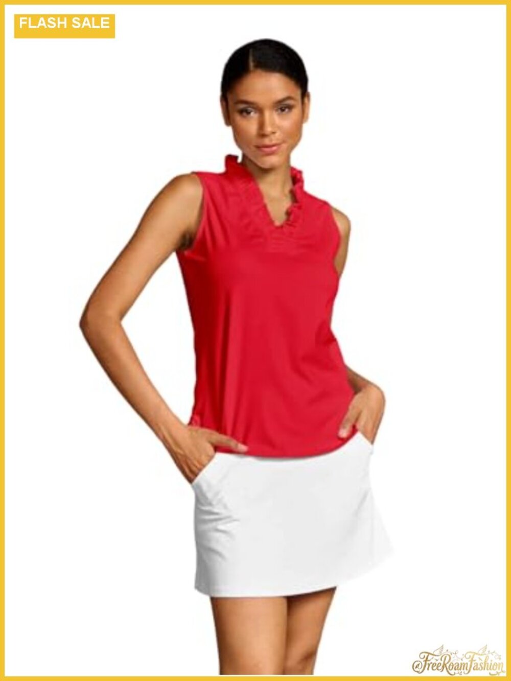 Womens Golf Polo Sleeveless V Neck Ruffle UPF 50+ Rash Guard